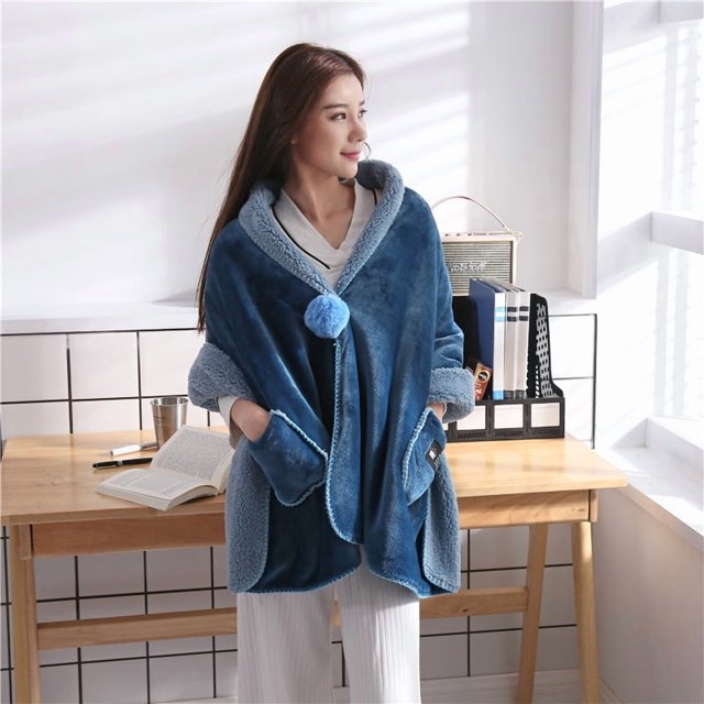 Wearable Blanket Poncho, No Sleeves Easy On/Off Wrap Shawl with Pocket, Layer Warm Christmas Home Gift for Grandma Mom
