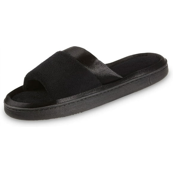 Isotoner Women’s Microterry Satin Trim Wider Width Slide Slippers - 96004 (Black, 6.5 - 7)