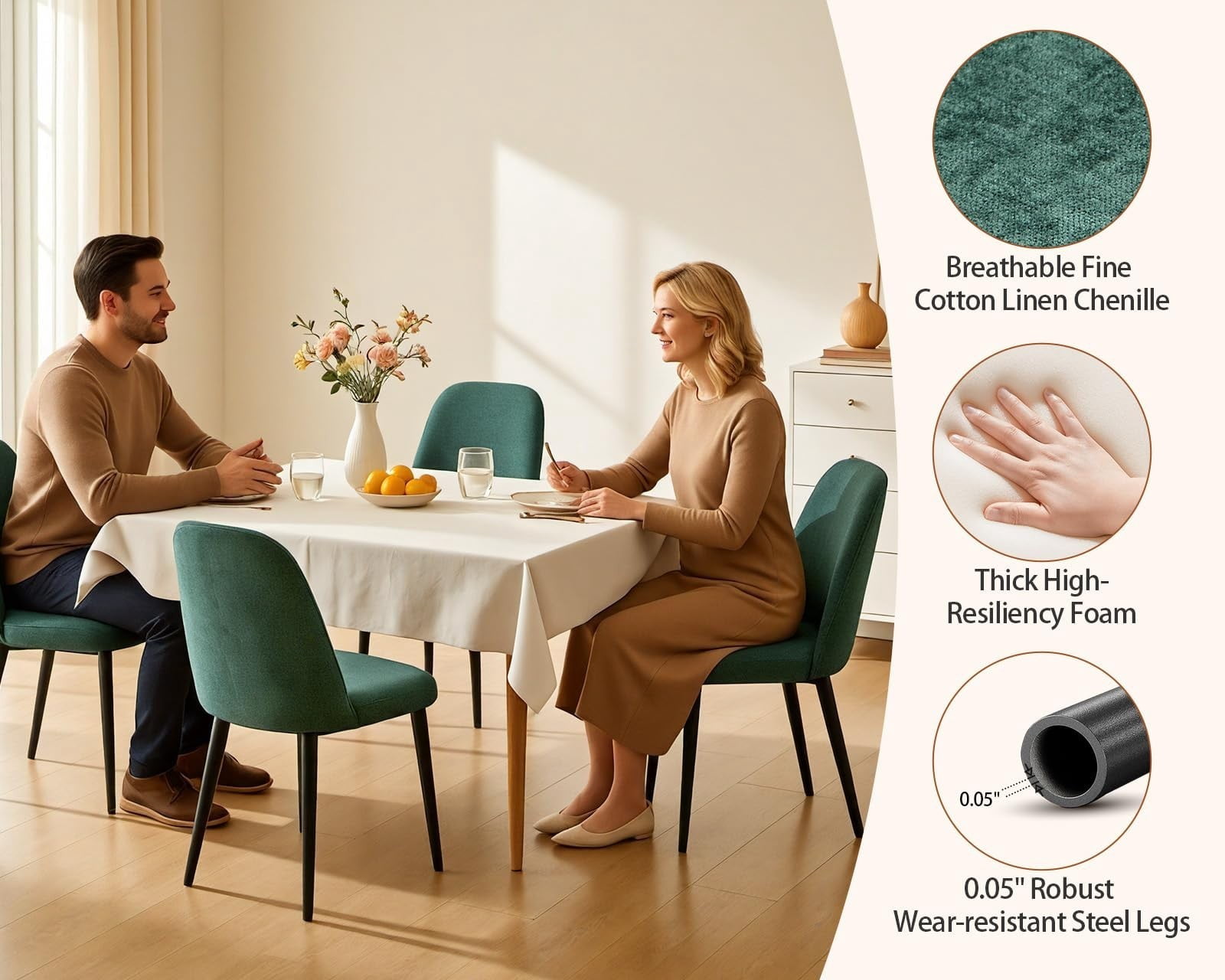 Fabric Dining Chairs Set of 4, Dark Green Upholstered Kitchen Chairs with Ergonomic Backrest and Metal Legs, Modern Armless Side Chairs for Dining Room, Restaurant, Living & Meeting Room
