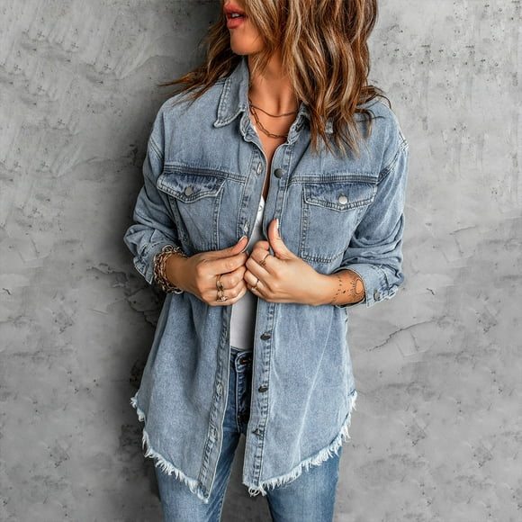 EGNMCR Women's Long Sleeve Hoodless Denim Outwear & Jackets, Women's Casual Denim Jacket, Fashion Women Casual Pockets Printed Long Sleeve Tops Jacket Plaid Coat Women Coat