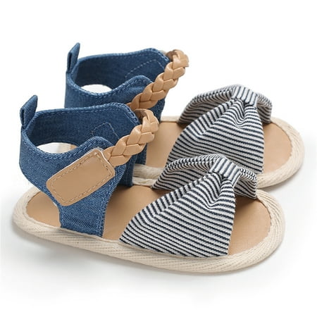 

IZhansean Newborn Infant Baby Girl Soft Sole Sandals Toddler Summer Shoes Bow-Knot Sandal Striped Denim 12-18 Months