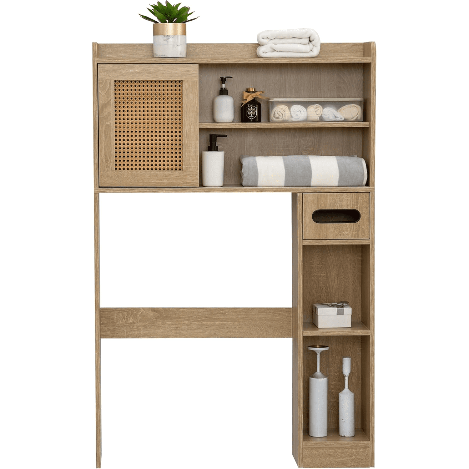 Reliancer 6-Tier Over The Toilet Storage Cabinet, Bathroom Space Saver Organizer Shelves with Sliding Door, Adjustable Shelves