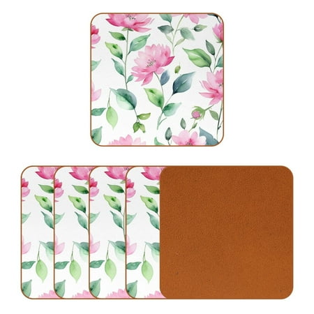 

YZUOUZY Coasters Coffee Table Decor 6 PCS Square Custom Coasters Pink White Background Flowers