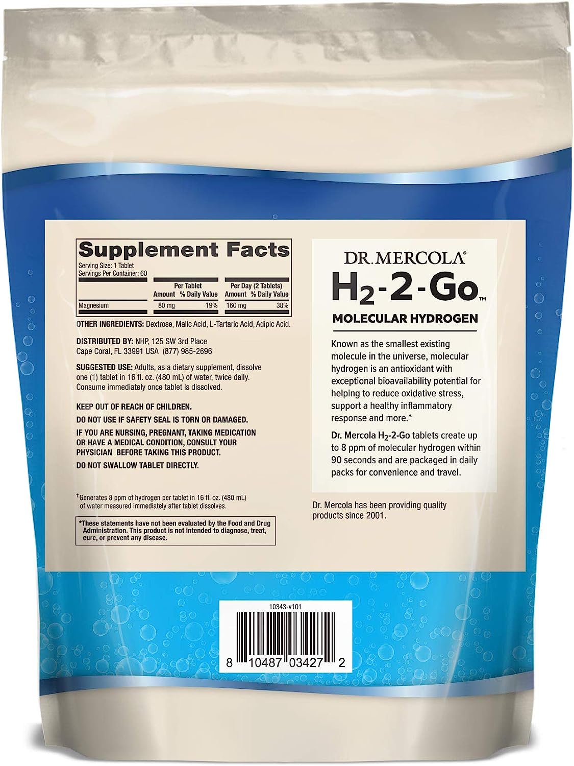 Dr. Mercola H2-2-Go Packets, Up to 8ppm of Molecular Hydrogen Gas*, non GMO, Gluten Free, Soy Free - image 2 of 3