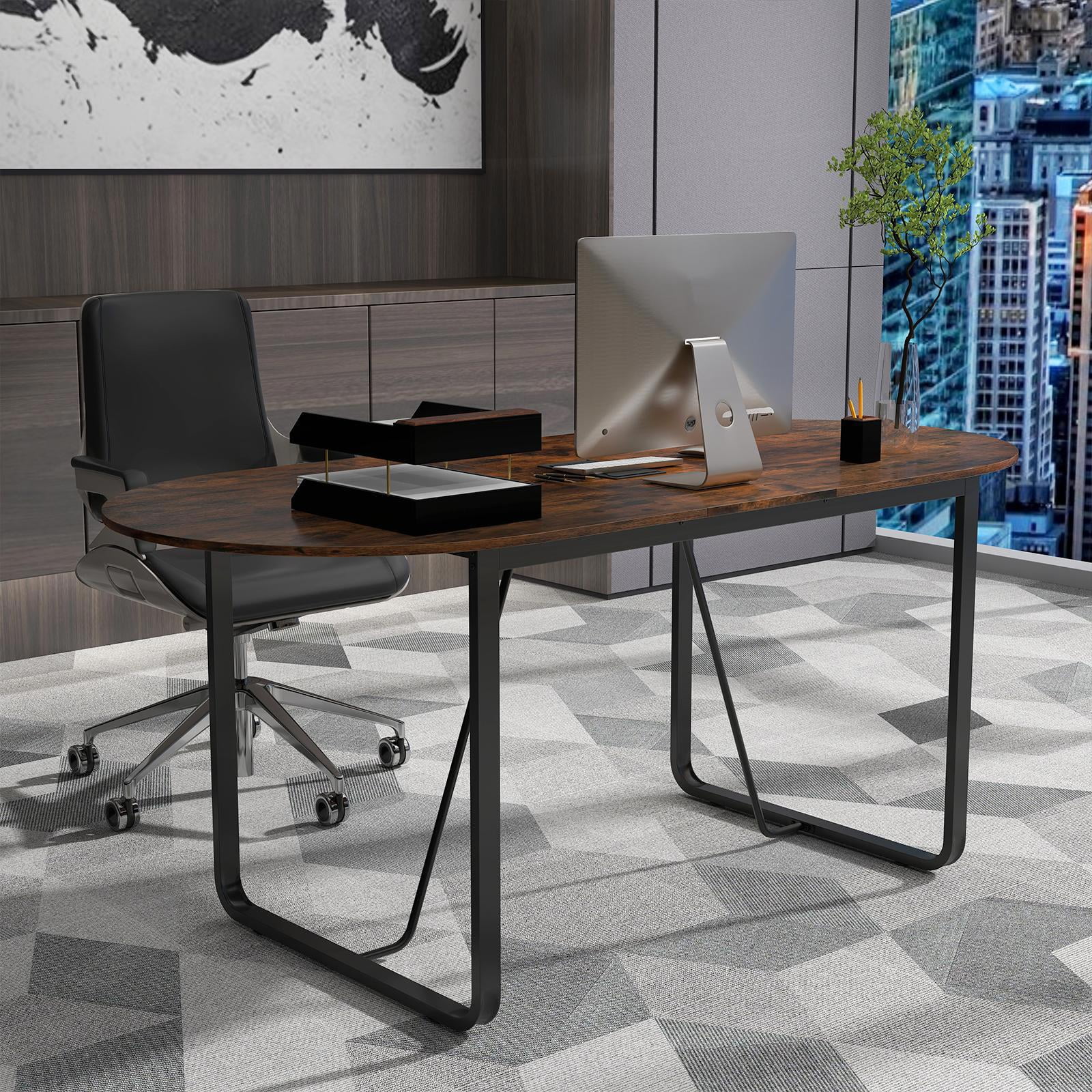YYAo 71Inch Executive Gaming Desk with Cable Management Hole, Oval Computer Desk for Home Office, Living Room, Study Room, Bedroom, Rustic Brown