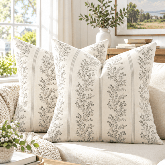 GlamourGaze Vintage Throw Pillow Covers 18x18 Set of 2 Striped Floral Botanical Patterned Cushion for Sofa Couch Bed Living Room Modern Farmhouse