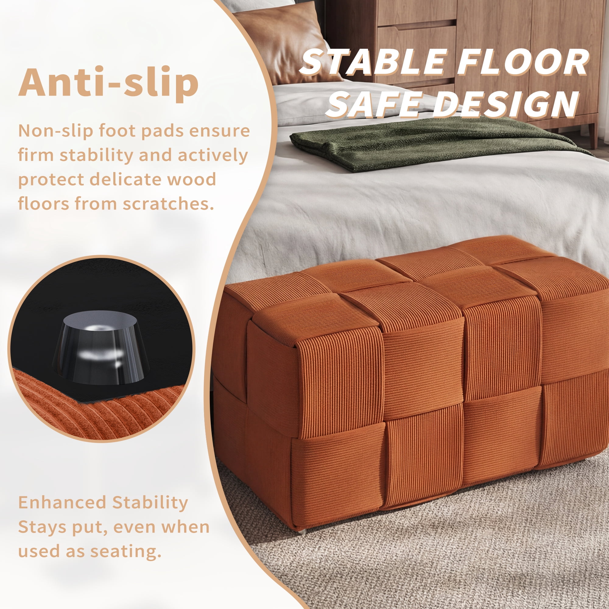 Corduroy Ottoman Foot Rest, Square Upholstered Stool with High-Density Foam and Wood Frame, 300 Lbs Capacity, Multi-Purpose Footstool for Living Room Bedroom Nursery, Brown