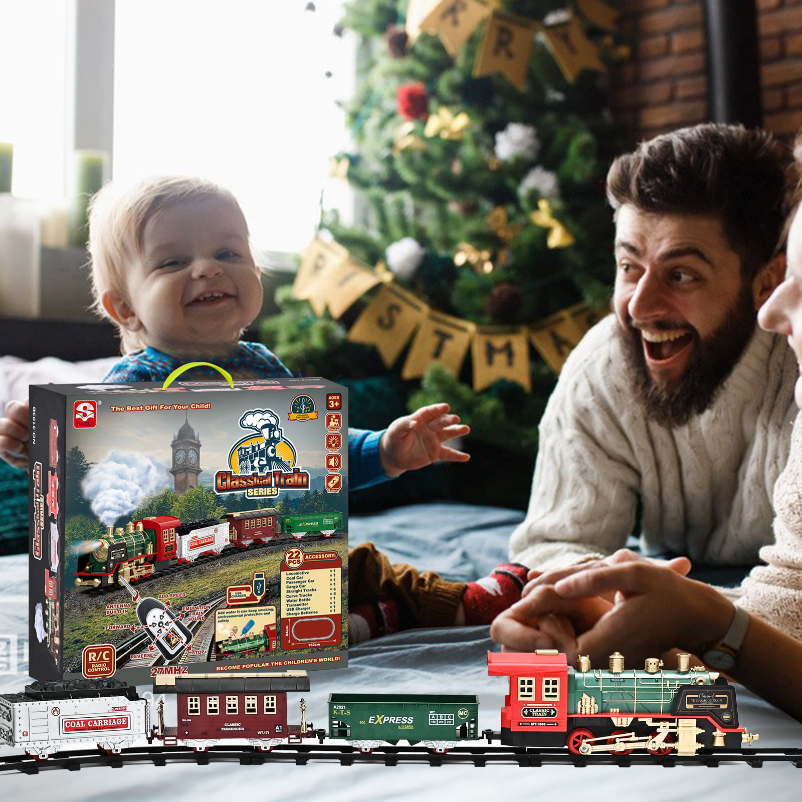 Train Set Toy, RC Train Set w/ Smoke, Lights, Sounds Railway , Birthday Gift Christmas Toy for Kids Boys