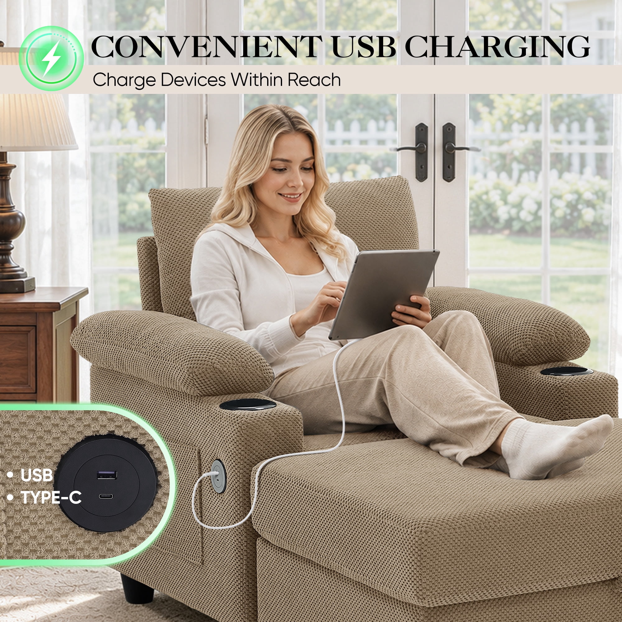 Lunale Accent Chair with Storage Ottoman & Adjustable Backrest, Chaise Lounge Chair Indoor with USB, Living Room Reading Armchair, Camel