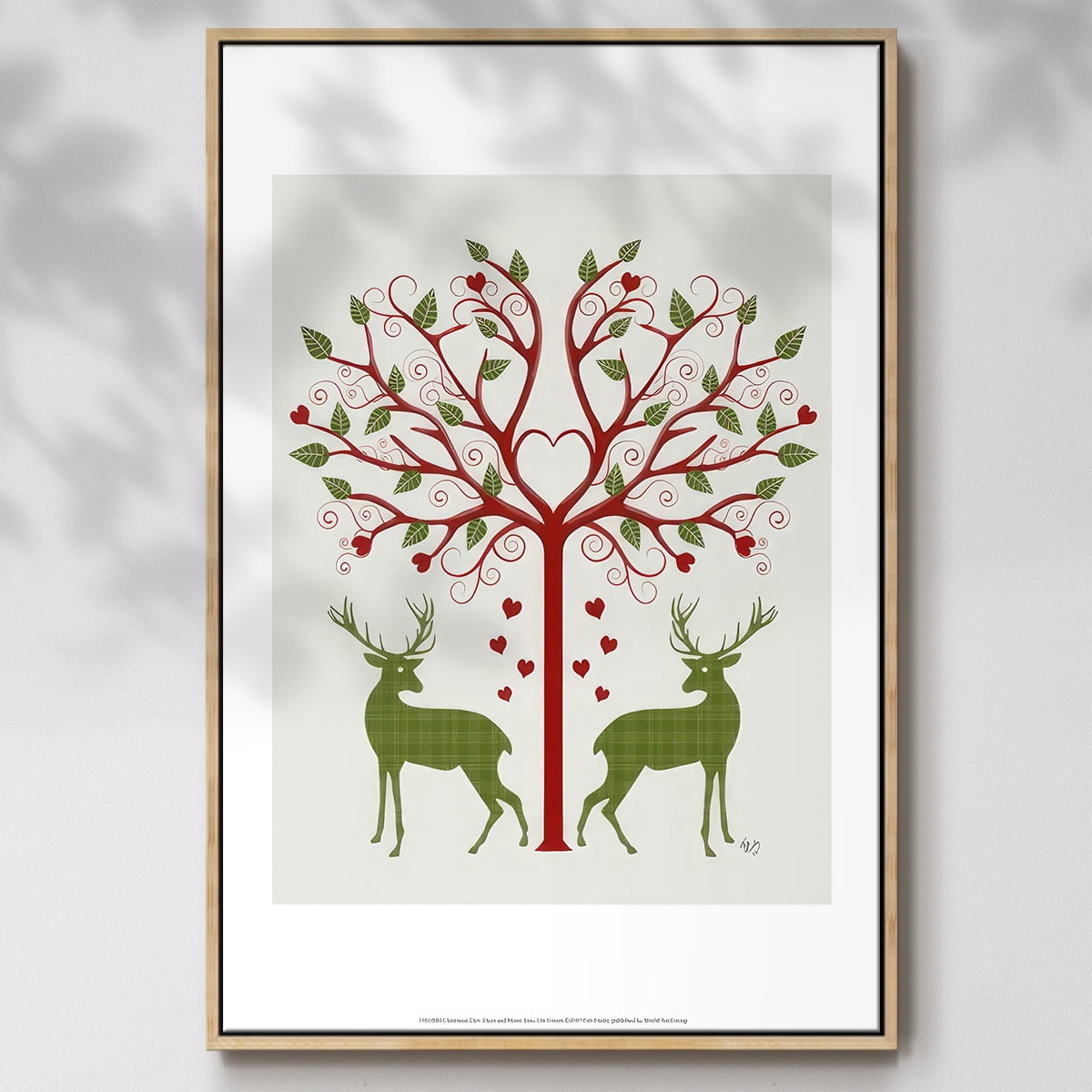 Christmas Des - Deer and Heart Tree, On Cream - Framed Gallery Wrapped Holiday Canvas - 27 x 41 - Natural Wood Frame