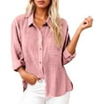 thumbnail image 2 of Long Sleeve Shirts for Women 2026 Spring Cotton Linen Roll Up Sleeve Button Down Collared Dressy Casual Office Work Blouse, 2 of 5