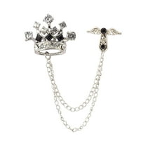Knighthood Men's Rhinestones Silver Clear Stone Crown Cross Chain Tassel Badge Suit Collar Brooch