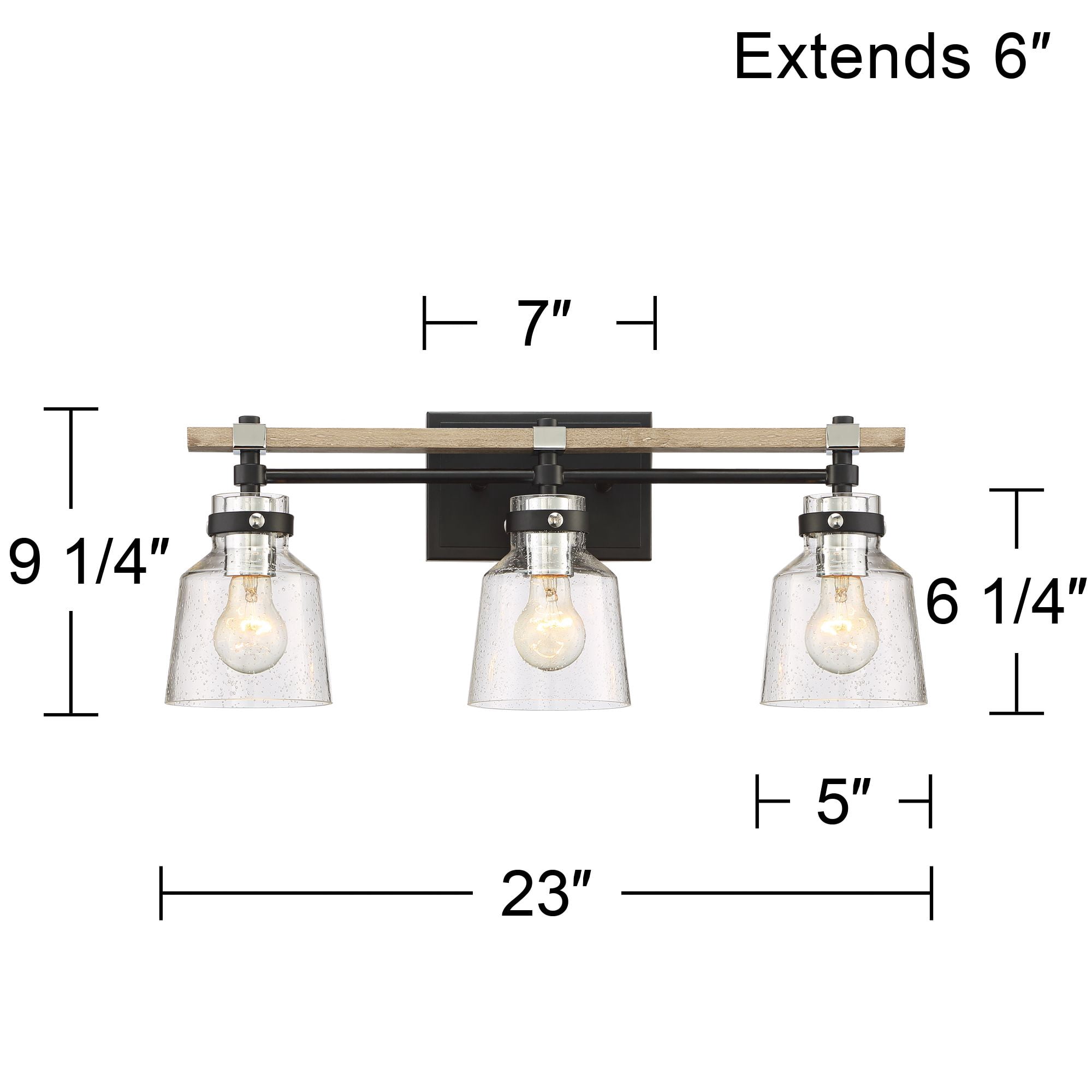 Possini Euro Design Broadway Modern Industrial Wall Light Black Faux Wood Hardwire 23" 3-Light Fixture Clear Seedy Glass for Bedroom Bathroom Vanity