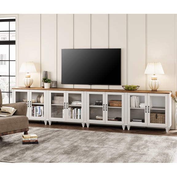 Mid Century Modern TV Stand for Up to 100 Inch TV, Off White 8 Glass Doors Wooden Storage Entertainment Center for Living Room Bedroom Dining Room