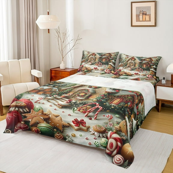 Homewish Xmas Gingerbread Man 3pcs Twin Sheet Sets For Teens Boys Girls,Colorful Candy Cane Twin Fitted Sheet,Merry Christmas Breathable Flat Sheet,Ultra Soft Home Decor