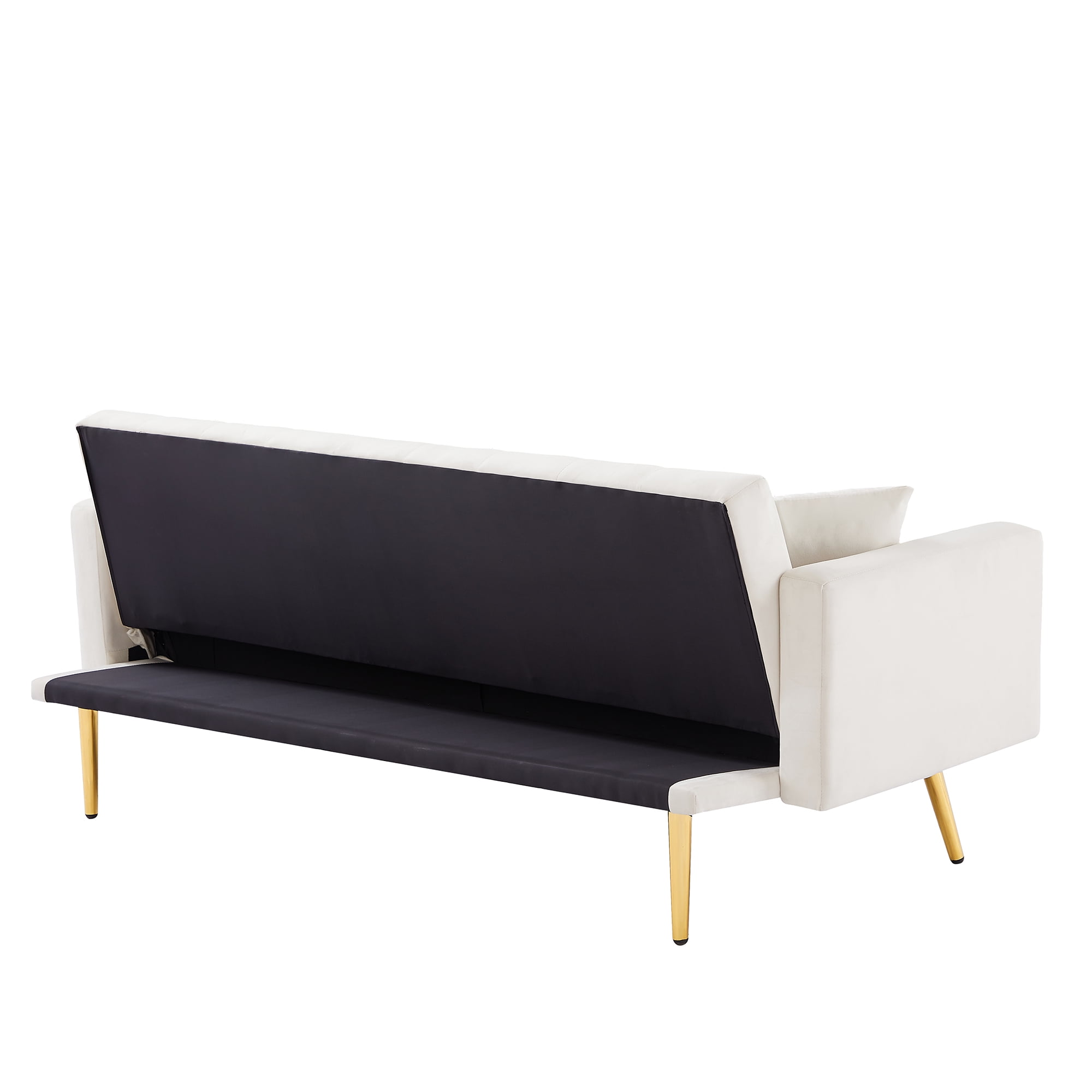 Kadyn Velvet Upholstered Sofa, Modern Convertible Folding Futon Sofa Bed for Apartment, Living Room Sofa with 2 Throw Pillows, White Kadyn Velvet Upholstered Sofa, Modern Convertible Folding Futon Sofa Bed for Apartment, Living Room Sofa with 2 Throw Pillows, White