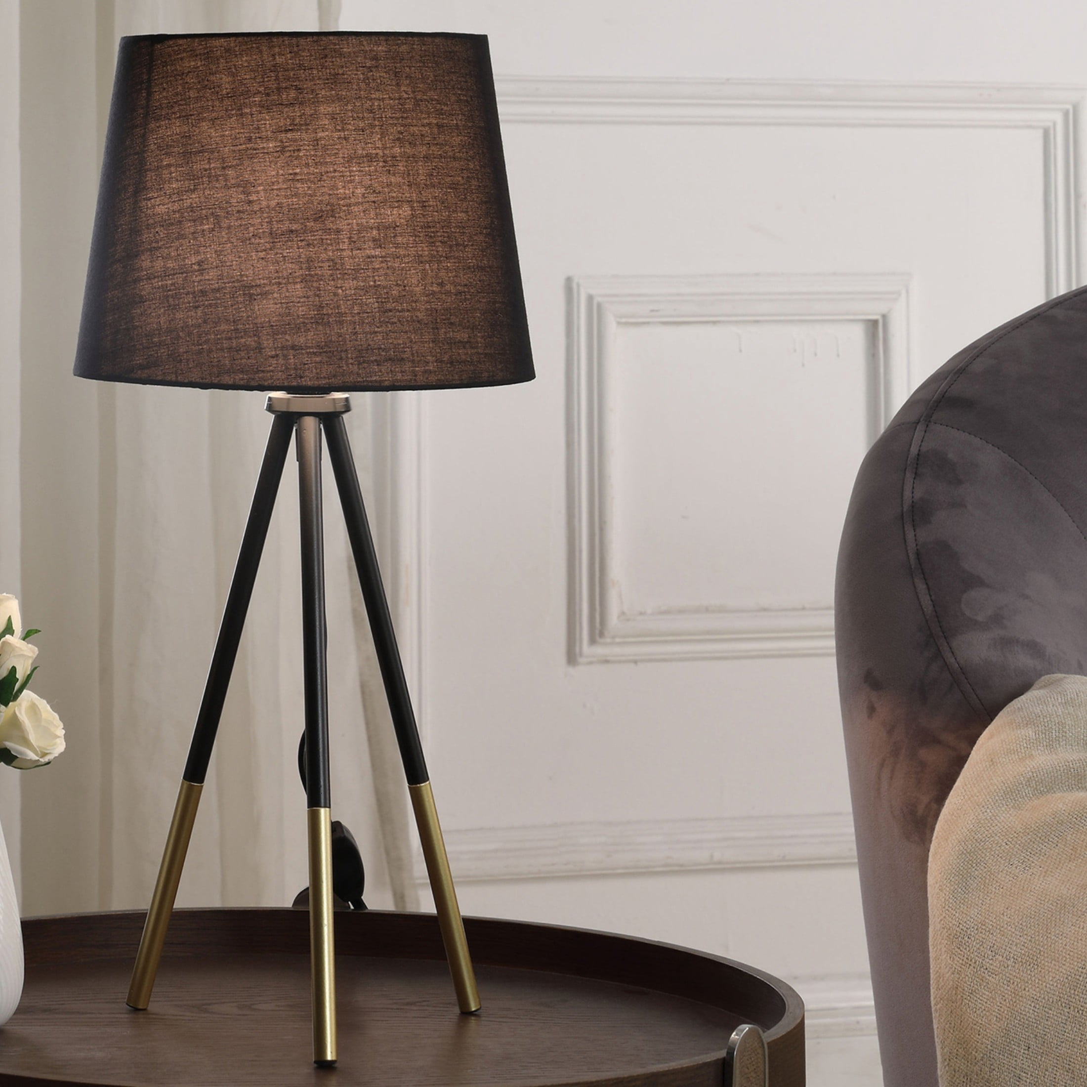 Noble House 20" Devon Tripod Metal Table Lamp, Vintage Design with Semi-Drum Shade, for Small Space, Matte Black