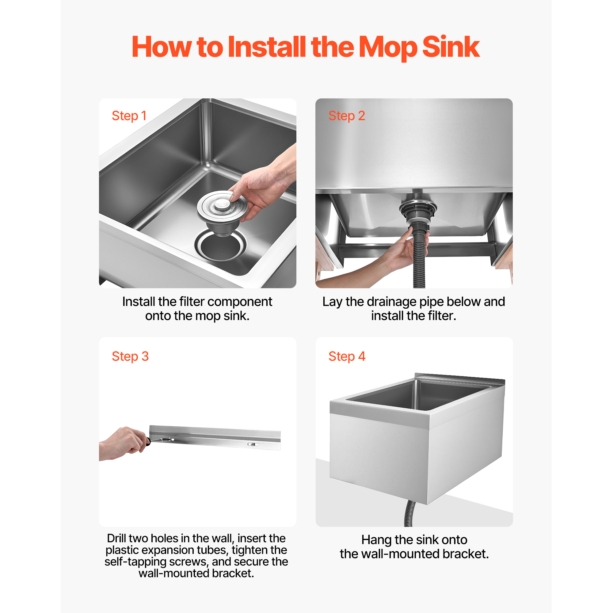 KFFKFF Stainless Steel Wall-Mounted Mop Sink, 22 x 19 x 12 in, 304 Stainless Steel Construction, Includes Backsplash, Multi-Function Filter, and X-Shaped Drainage Design,Ideal for Balcony or Bathroom