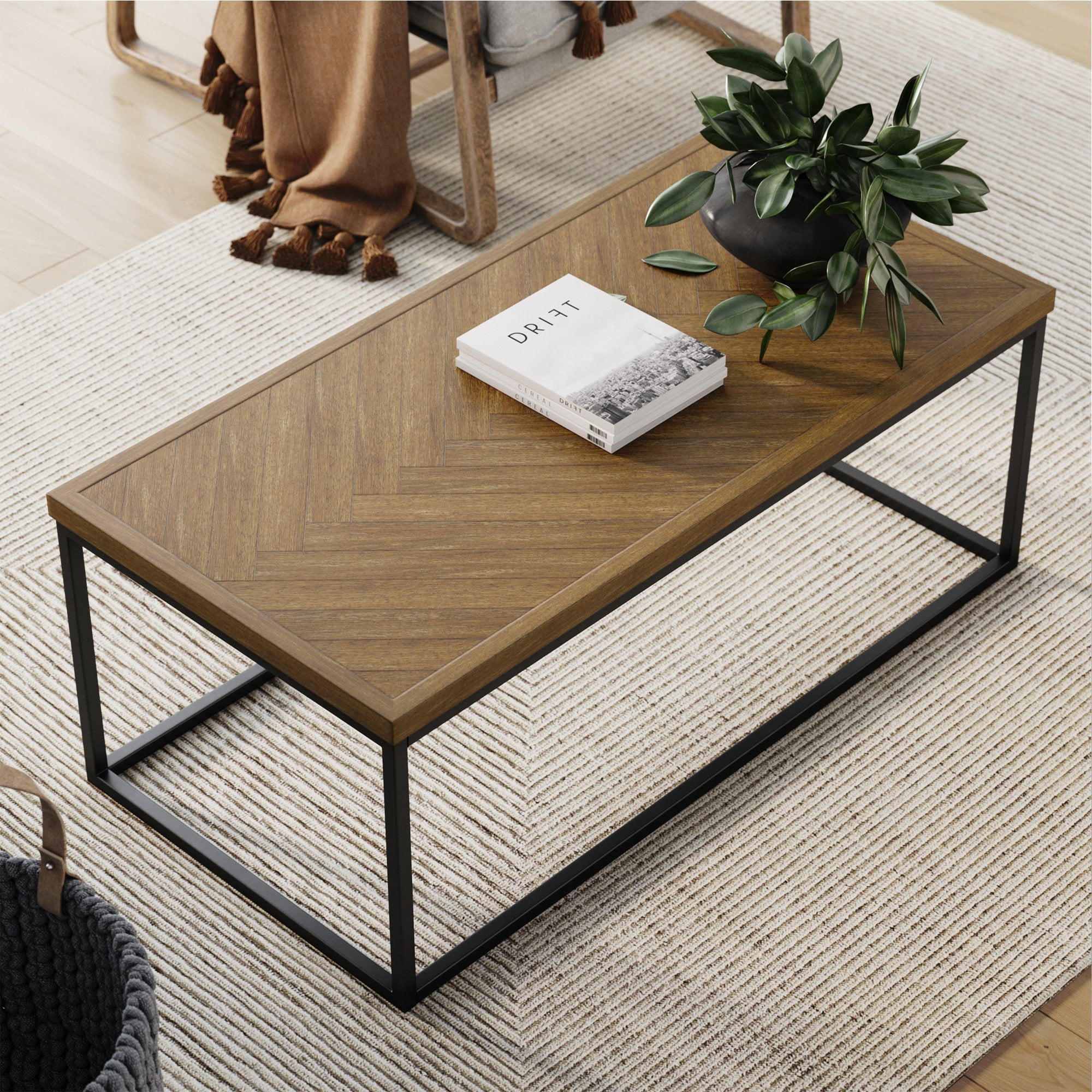 Nathan James Doxa Modern Industrial Coffee Table Wood In Light Brown Herringbone Pattern And Metal Box Frame