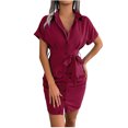 thumbnail image 2 of Wycnly Formal Dresses for Women Sexy Bodycon Button Down Wrap Shirt Dresses with Belt Short Sleeve Lapel Solid 2024 Summer Mini Dress Wine s, 2 of 7