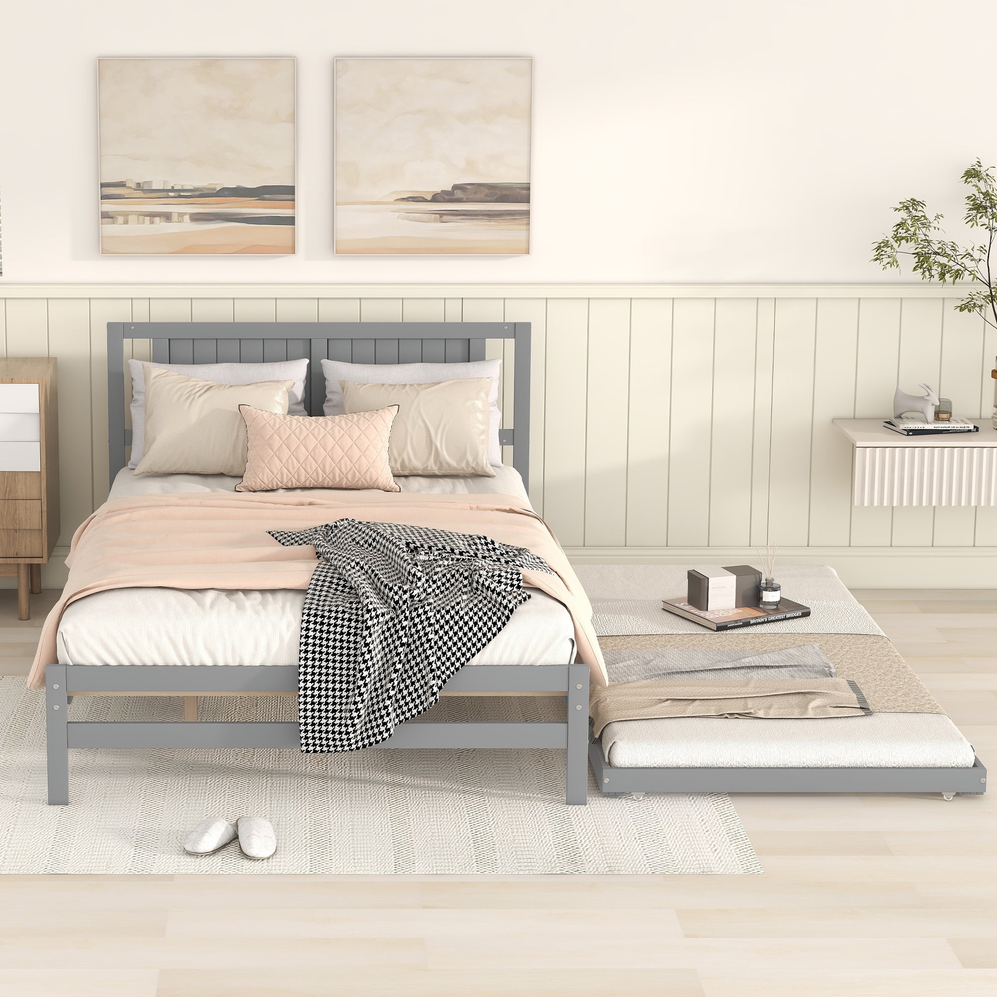 Euroco Pine Wood Full Bed with Trundle, Convertible Beds, Gray
