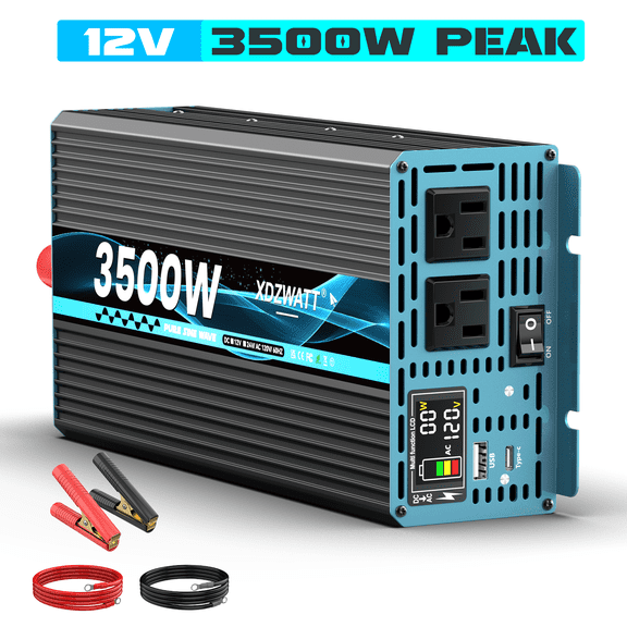 XDZWATT 12V 1500W Continuous 3500W Surge Power Inverter Pure Sine Wave, 2 USB Ports for Car