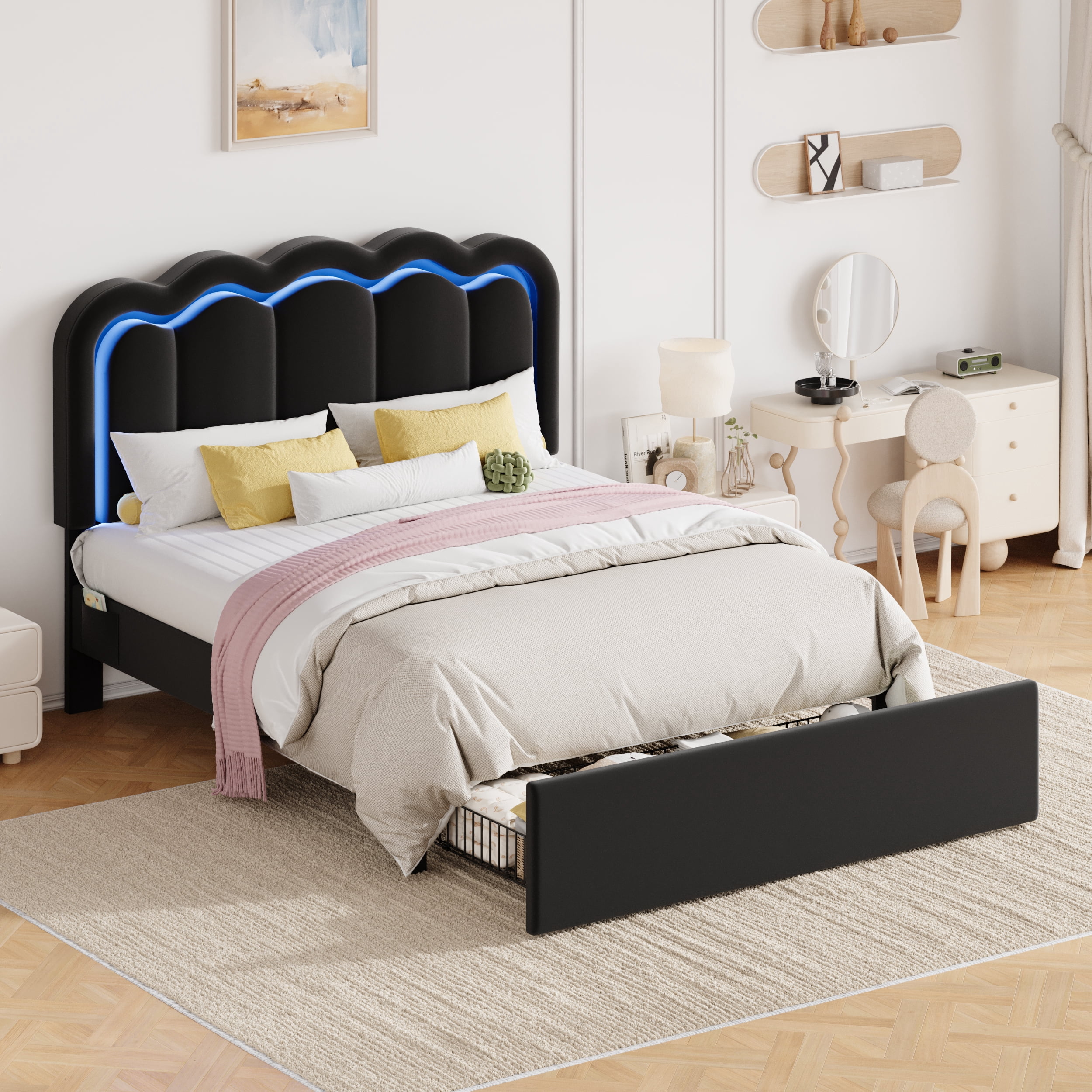 Amolife Full Size LED Bed Frame with Drawer, Platform Bed with Velvet Upholstered Adjustable Wavy Headboard, Black