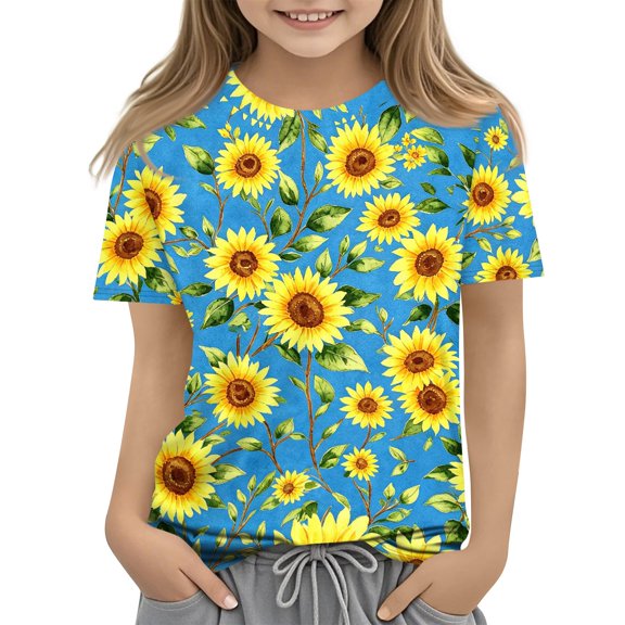 Abcomgle Girls Top 10-12 Crewneck Vintage Sunflower Print Toddler T-Shirt Summer Short Sleeve Girls Shirts Fashion Cotton Tops