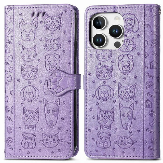 Funda Cartera FOXDOCK para iPhone 16 Pro Max , Flip PU con Relieve de Gatos y Perros, Tarjetero y Soporte