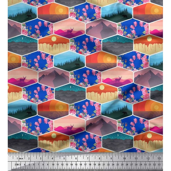 Soimoi polyester Crepe Fabric Floral & Geometric Patchwork Print Fabric by the Yard 42 Inch Wide