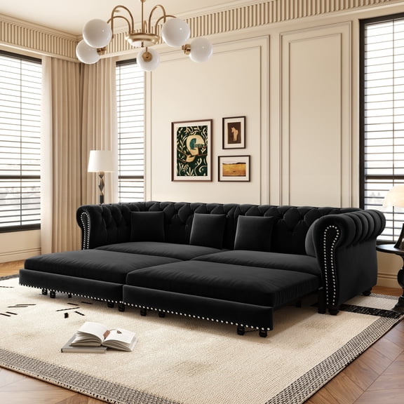 EHANCIS 3-in-1 Velvet Chesterfield Sofa Bed with Ottoman,Convertible King Size Sleeper Couch,Rolled Arm Design,3-Seater Living Room Bedroom Furniture,Black