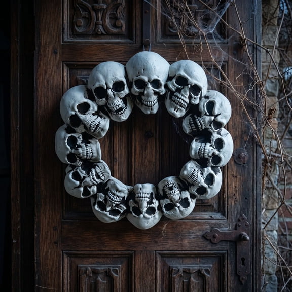 Sruoe 42cm Realistic Skull Wreath Halloween Front Door Skeleton Hanging Decor