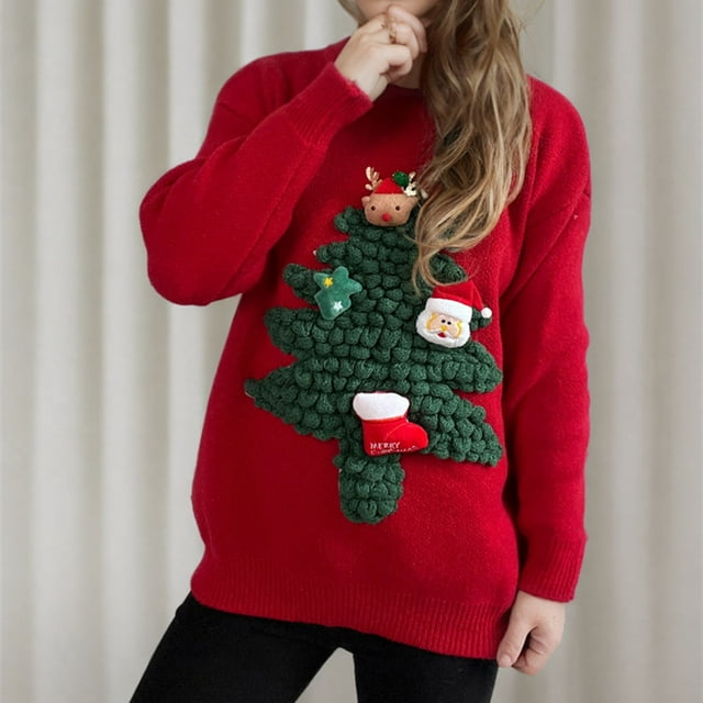 TIMIFIS Chandails de Noël pour Femmes Décontractés Col Rond Chandails Hauts Automne Manches Longues Extensibles Mignons Renne Arbre de Noël Imprimé Tricoté