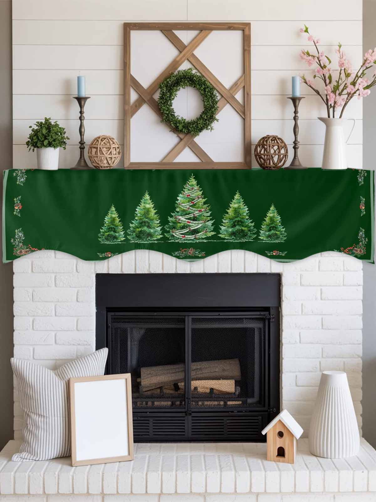 Green Christmas Tree Fireplace Mantle Scarf, Snowflake Xmas Botanical Berry Mantel Cover Table Runner for Home Living Room Door Window, Indoor Outdoor Holiday Party Decor 17" x 60"