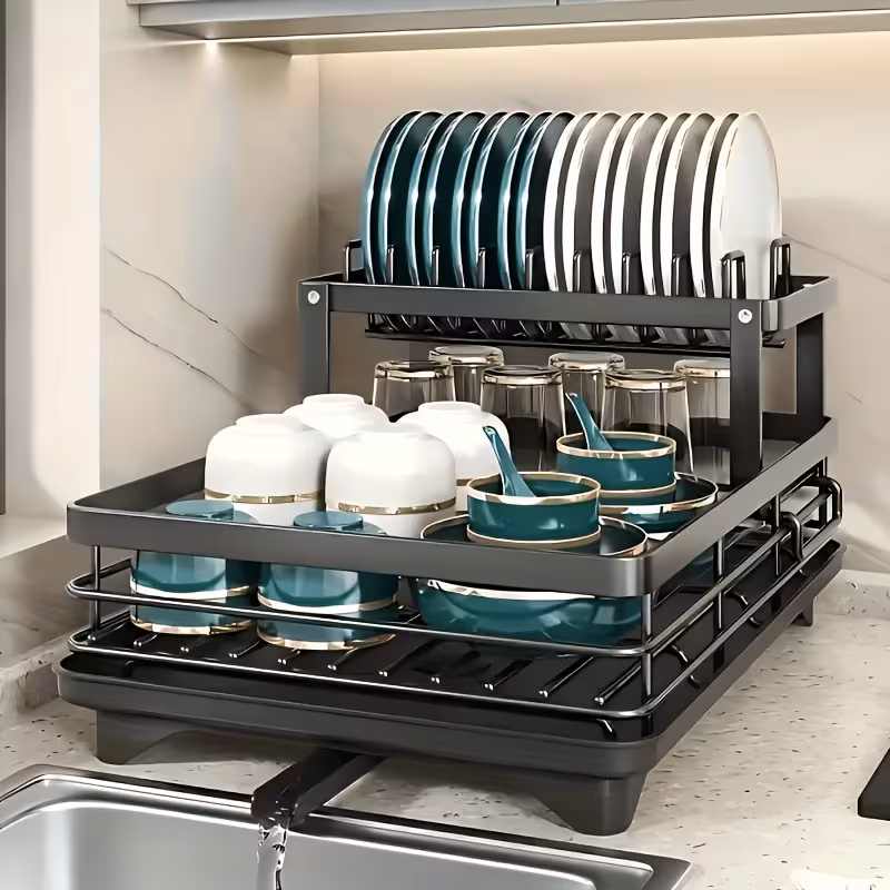 2-Tier Dish Drying Rack with Utensil Holder and Cutting Board Slot, Rust-Resistant Carbon Steel Kitchen Counter Dish Drainer, Large Capacity Organizer for Plates, Cups and Bowls
