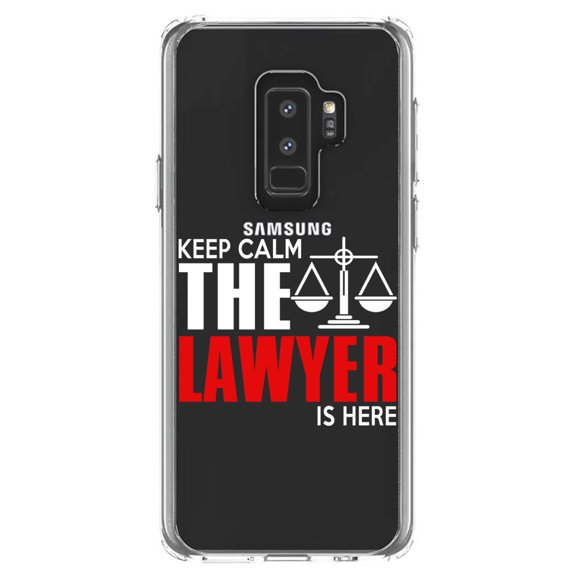 DistinctInk Clear Shockproof Hybrid Case for Samsung Galaxy S9  PLUS (6.2" Screen) - TPU Bumper Acrylic Back Tempered Glass Screen Protector - Keep Calm The Lawyer Is Here