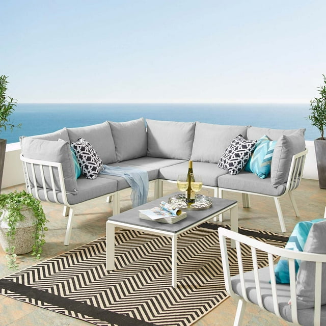 Modway Riverside 6-Piece Outdoor Patio Furniture Aluminum Set in White and Gray