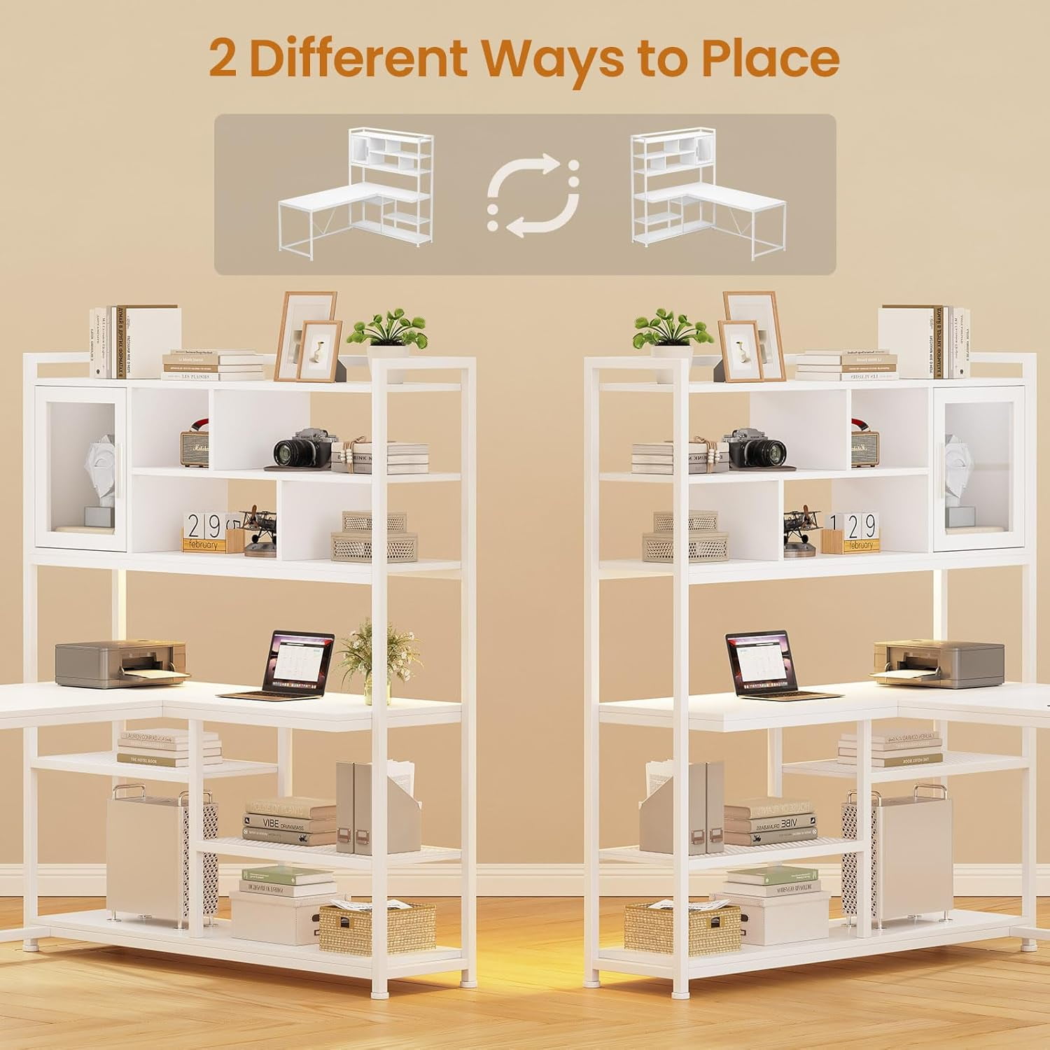 L-Shaped Computer Desk with LED Lights & Hutch, Corner Gaming Desk with 7-Tier Storage Shelves for Bedroom, Save Space, White