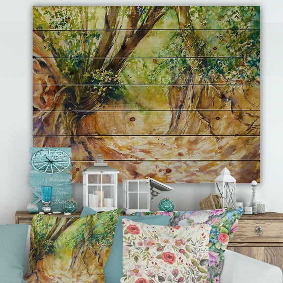 Designart 'Little Road in Deep Forest ' Traditional Print on Natural Pine Wood