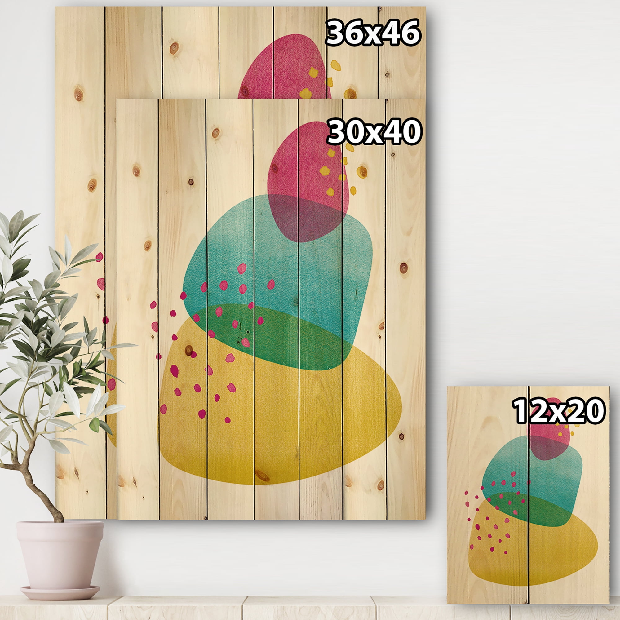 Designart 'Minimal Spots Balance I' Mid-Century Modern Print on Natural Pine Wood