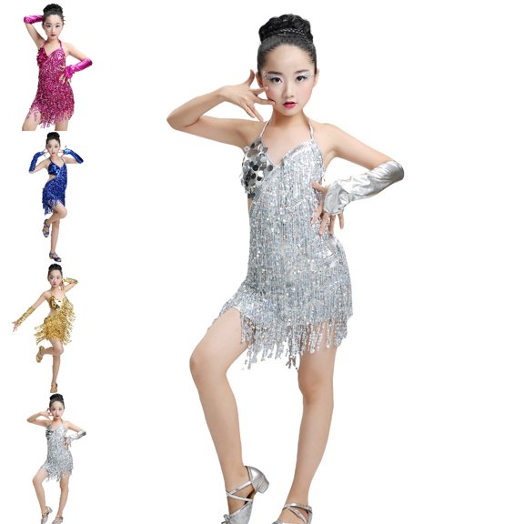 Bmisegm Girls Dance Outfit Carnival Halter Neck Fringe Embellished Asymmetric Hem Dress Latin Performance Girls Dresses 3-4 Years