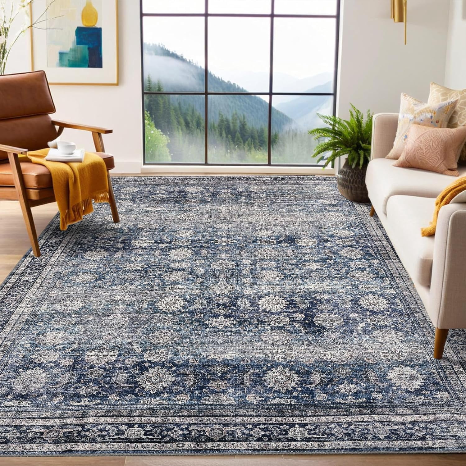 Area Rugs 4x6 Vintage Printed Floor Carpet with Non-Slip Backing, Stain-Resistant Oriental Throw Rugs, Washable Farmhouse Low Pile Rugs for Living Room, Bedroom, Office, Blue