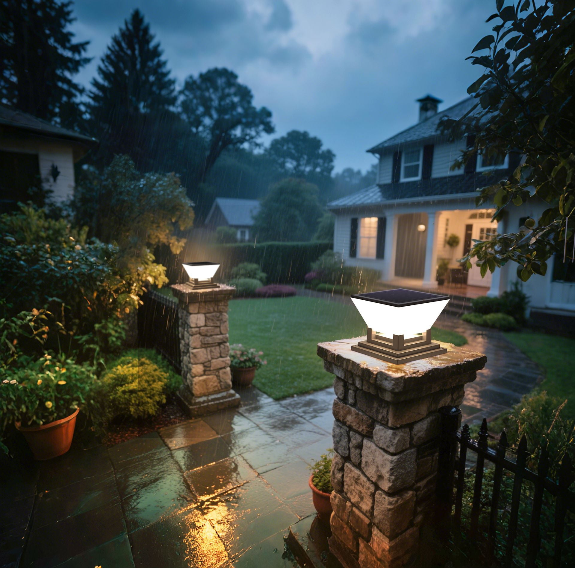 Solar Lights Outdoor, 4'' Post Light, IP65 Waterproof Pillar Light Fixture, Warm Light Fence Posts Cap Lantern Solar Powered for Garden Deck Patio Yard Porch Pathway Outdoor Lights