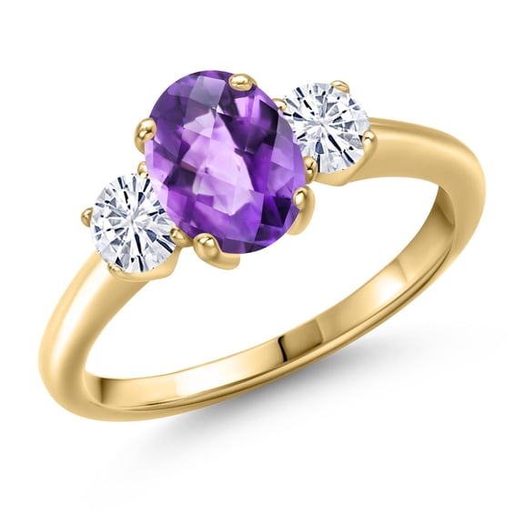 Gem Stone King 18K Yellow Gold Plated Silver Ring Checkerboard Amethyst Moissanite (1.66 Cttw)