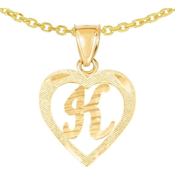 Floreo 10k Yellow Gold 0.5" Personalized Alphabet Letter A - Z Initial Heart Pendant with optional Extendable Cable Chain Necklace