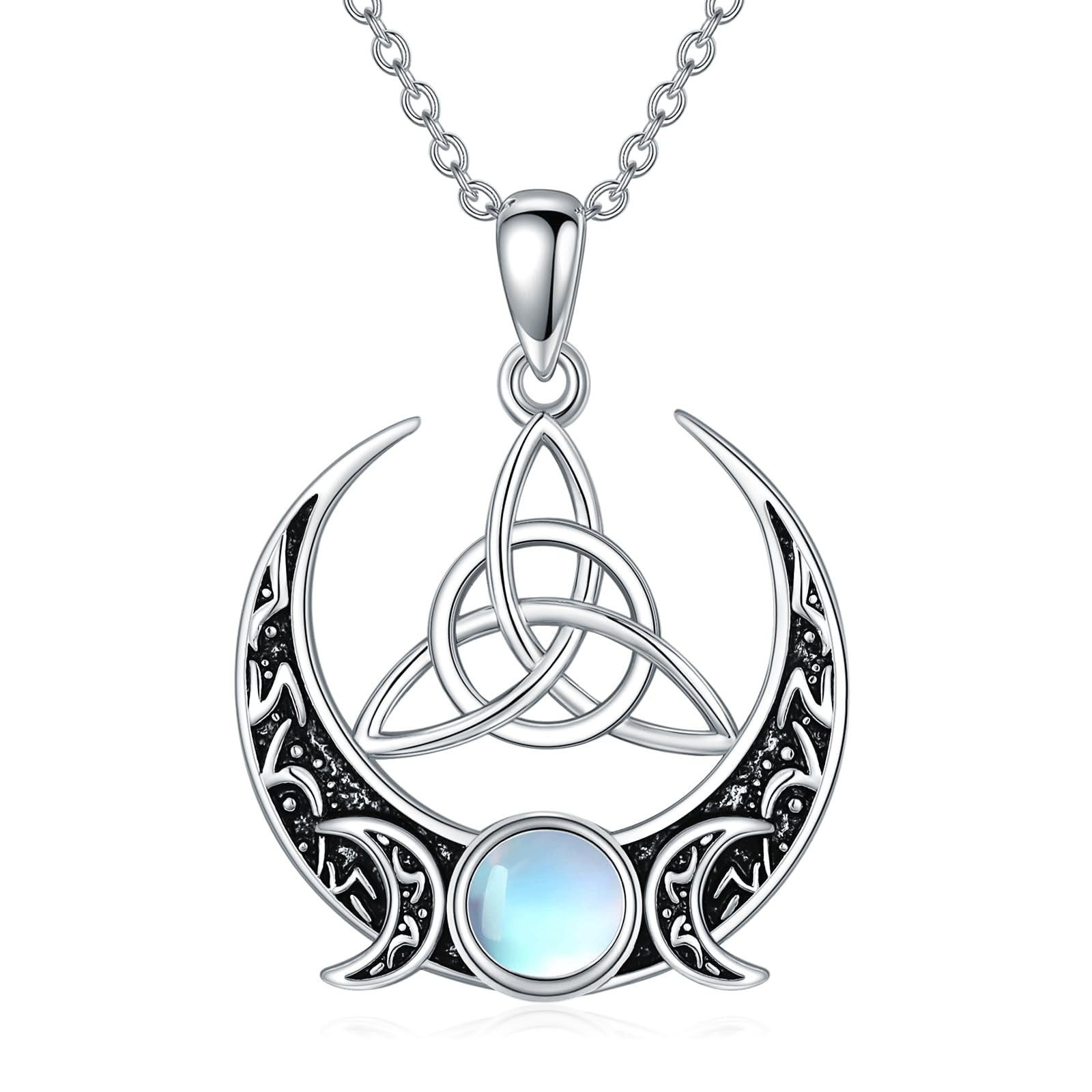 Triple Moon Necklace for Women Sterling Silver Celtic Witch Pendant Necklace Pagan Magic Amulet Viking Wiccan Jewelry for Men