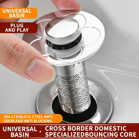 Pop-Up Bathroom Sink Stopper Water Filter | Universal Drain Plug Hair Catcher | Brass/Plastic Core | 304 Stainless Steel Basket | 2 Rubber Rings | Fits 1.02-1.20 inch Drain