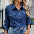 thumbnail image 6 of Sevevn Women's Fashion Casual Solid Color Long Sleeved Lapel Button Pocket Shirt Top Blue XL Early Access Deals, 6 of 8