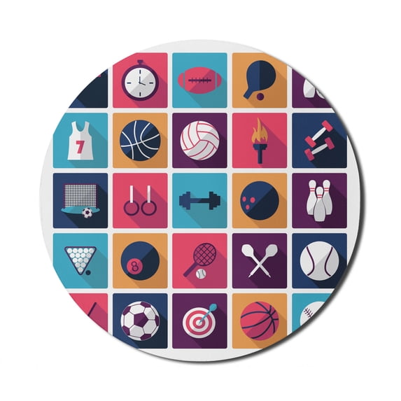Olympics Mouse Pad for Computers, Sports Image with Whistle Stopwatch Bowling and Various Types of Balls, Round Non-Slip Thick Rubber Modern Gaming Mousepad, 8" Round, Navy Purple, by Ambesonne