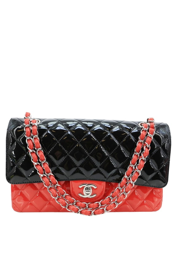 Pre-Owned Chanel Classic Double Flap Medium Quilted Patent Leather Shoulder Bag Bicolor